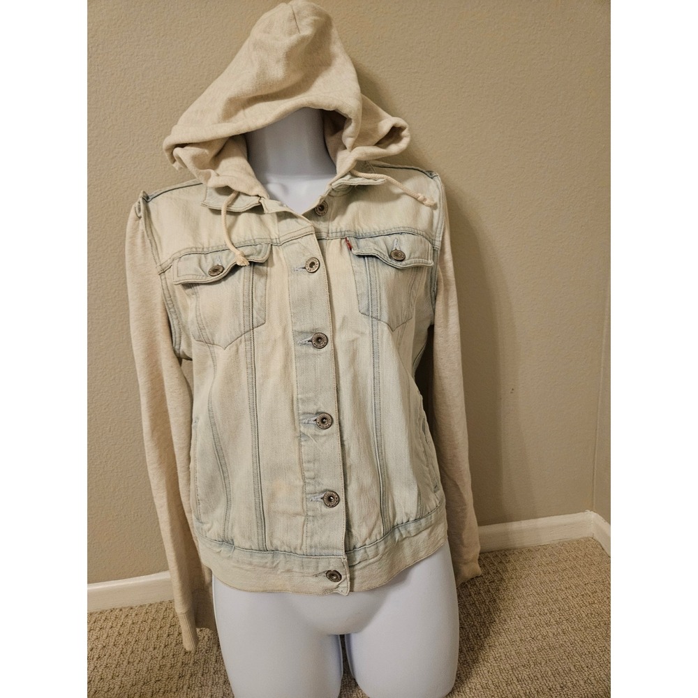 Levis Denim Jacket Womens S Light Wash Beige Hoodie Knit Sleeve Excellent Hybrid